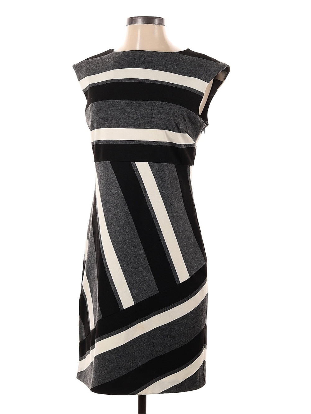 Sleeveless Striped Sheath Dress in Black, Gray & White - Size Small